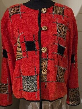 90s Vintage Red Art To Wear Patchwork Animal Print Jacket Bold Chenille Allure